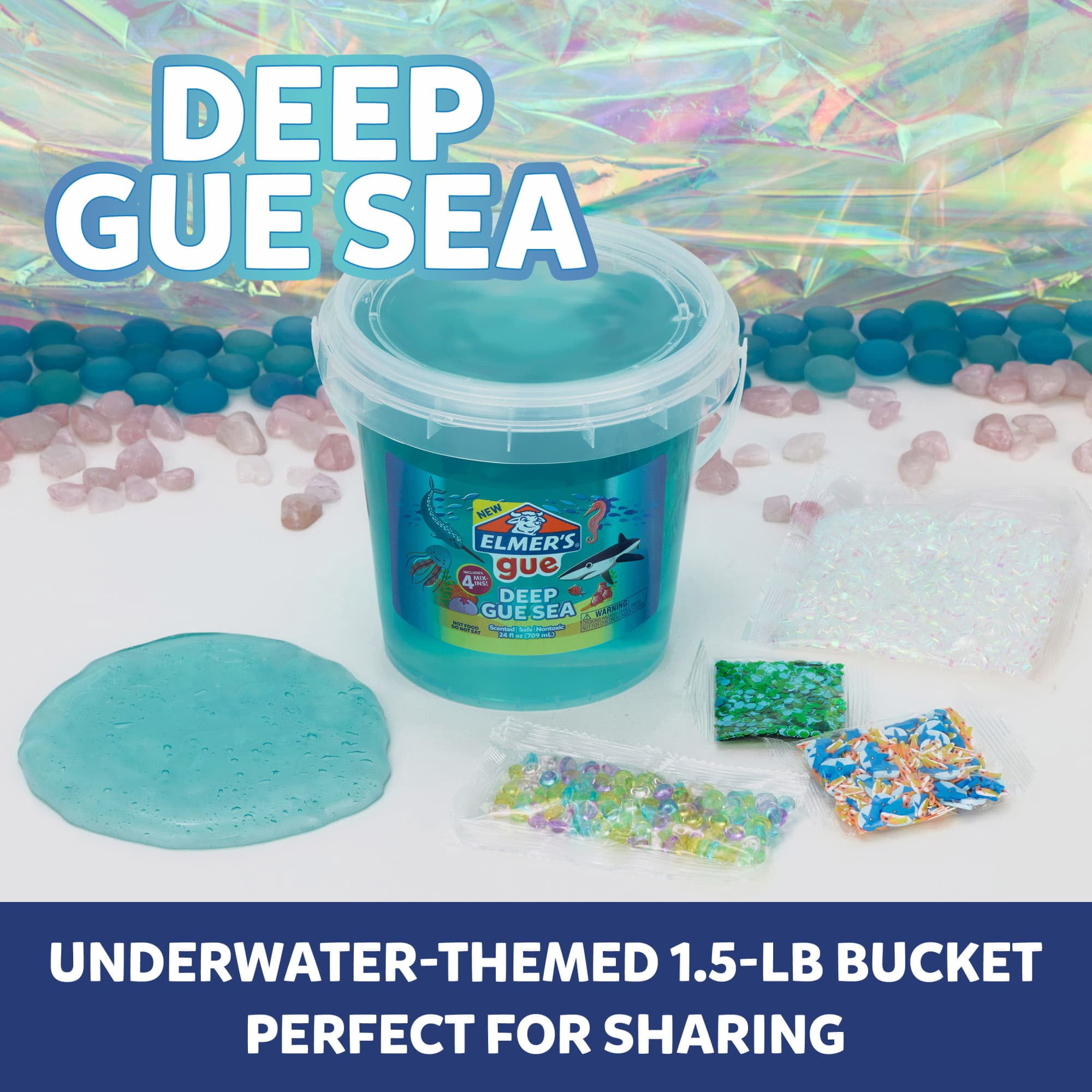 Elmer’s Gue Pre-Made Slime, Blue Clear Slime, Includes 4 Sets of Unique Mix-Ins, 1.5-lb Bucket