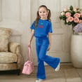 thumbnail image 7 of LRen Girls Outfits Size 10-12, Girl's 2 Piece Bowknot Outfits Valentine Short Sleeve Graphic Tees with Flare Pants Set Preppy Back To School Clothes,Blue,7-8 Years, 7 of 7