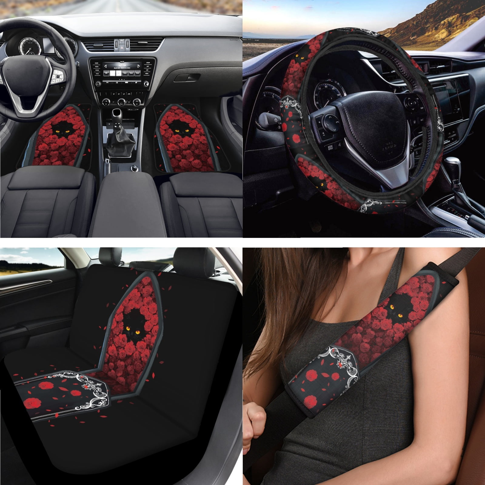 Jeiento Black Cat Car Seat Cover Full Set with Auto Floor Mats Steering Wheel Protector Non Slip Car Seatbelt Pads Armrest Cover Rose Coasters Lipstick Holder Keychain 17pcs Car Accessories Set