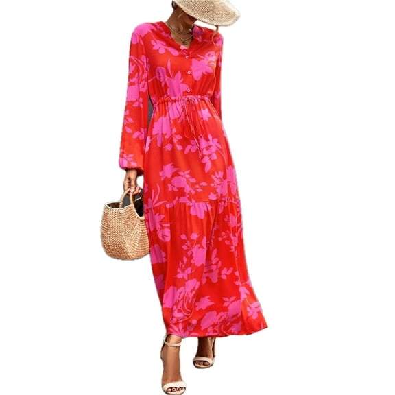 Women's Floral Drawstring Waist Long Sleeve Maxi Dress with 95% polyester and 5% spandex fabric featuring a flowy style