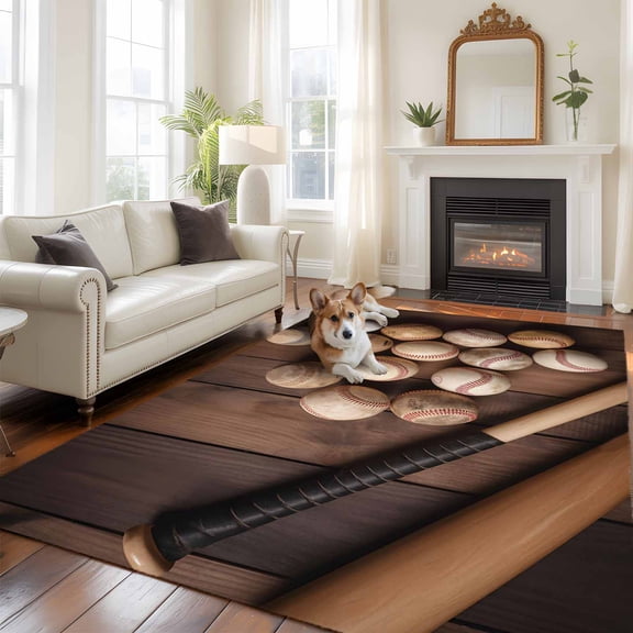 6'x9' Area Rugs, Baseball Indoor Outdoor Area Rug for Living Room Bedroom, Farmhouse Retro Sport Theme Brown Wooden Grain Washable Bathroom Rugs Kitchen Floor Carpet Mats Home Decor Aesthetic
