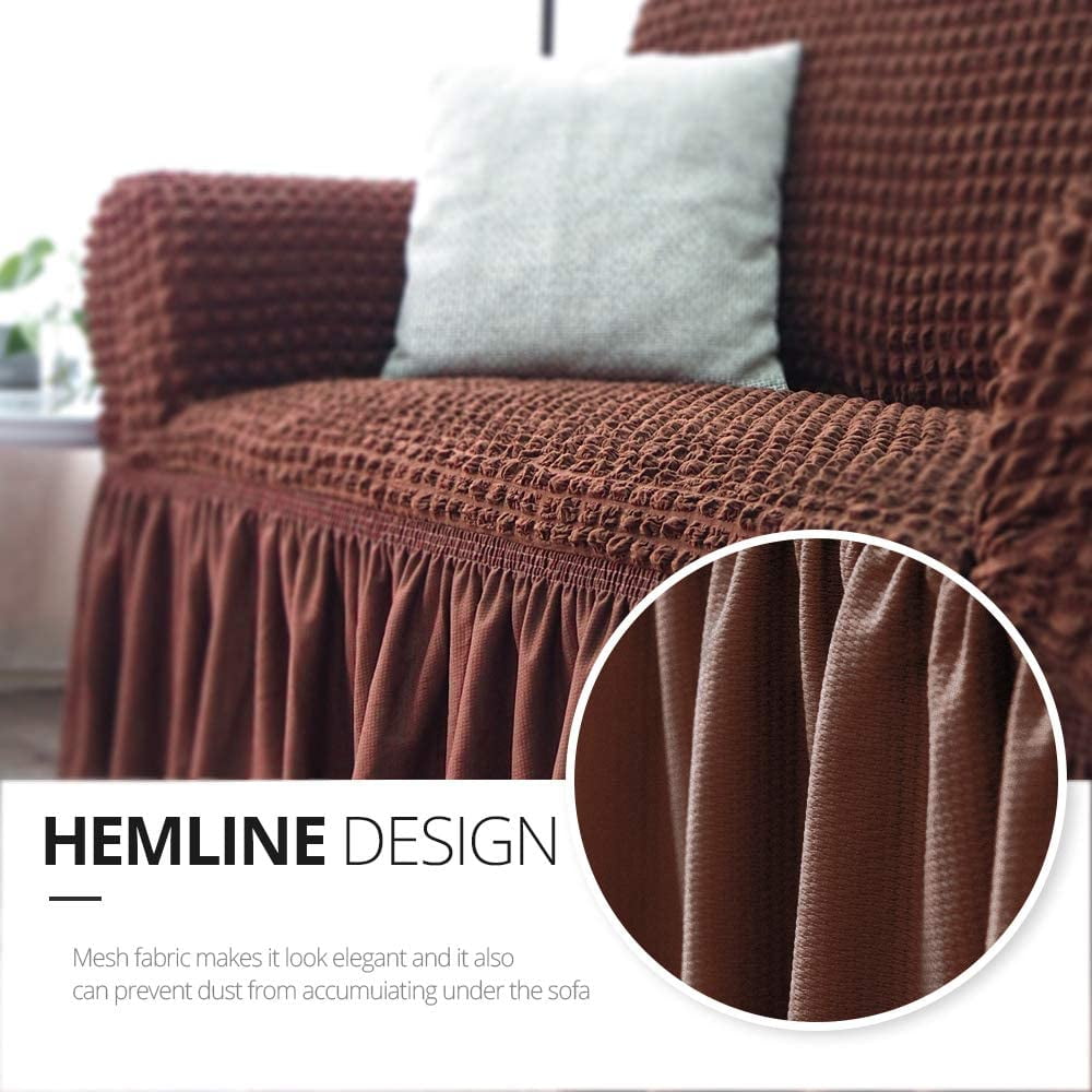 NICEEC Sofa Slipcover Brown Sofa Cover 1 Piece Easy Fitted Sofa Couch Cover Universal High Stretch Durable Furniture Protector with Skirt Country Style (3 Seater Brown)