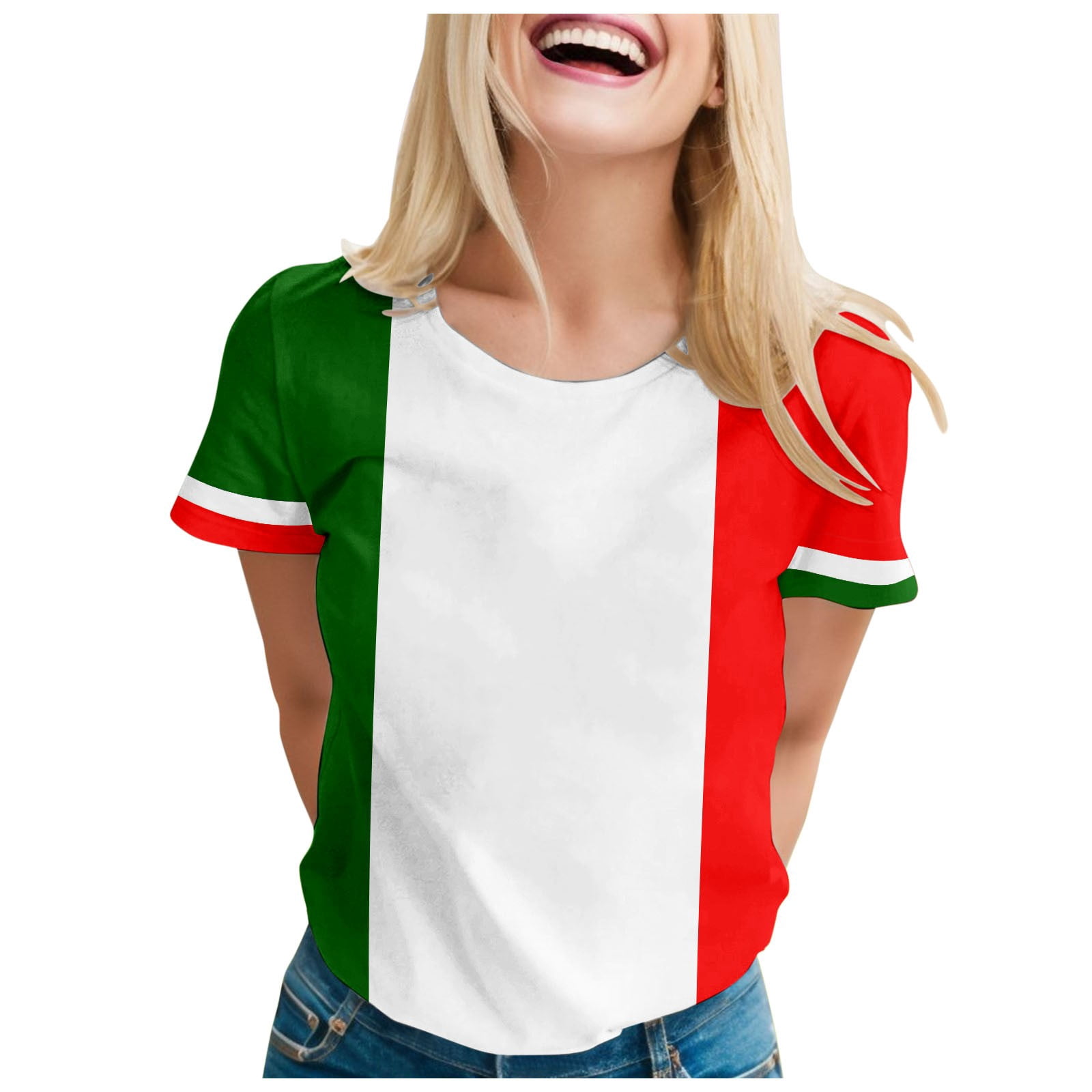 WEIYLL Ladies T Shirts European Cup Italy Printed Patchwork Watermelon Red Tops Sizes XXL