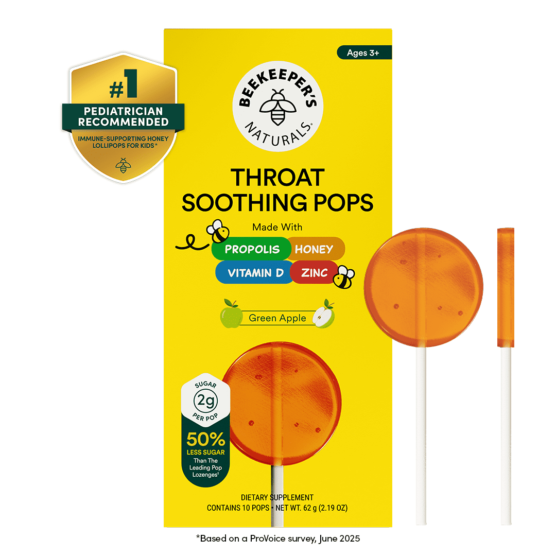 Beekeeper's Naturals Kids Green Apple Throat Soothing Lollipops with Propolis and Vitamin D, 10 Count