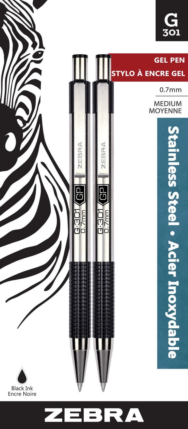 G-301 Stylo gel rétractable en acier inoxydable G-301 de Zebra - Noir Paq. de 2