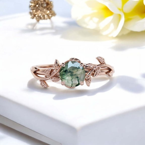 Round Cut Natural Moss Agate Twig Ring Nature Inspired Leaf Branch Ring Art Deco Rose Gold Jewelry Birthday Gift For Wife Unique Statement Gold Ring