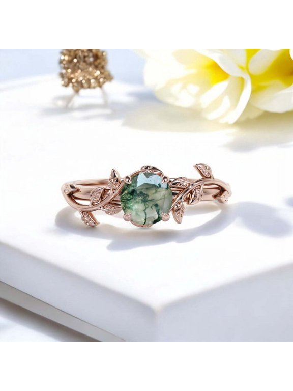 Round Cut Natural Moss Agate Twig Ring Nature Inspired Leaf Branch Ring Art Deco Rose Gold Jewelry Birthday Gift For Wife Unique Statement Gold Ring