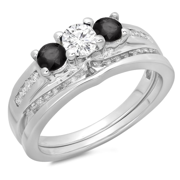 Dazzlingrock Collection 1.10 Carat (ctw) 14K Round Black & White Diamond Bridal 3 Stone Ring Set 1 CT, White Gold, Size 4