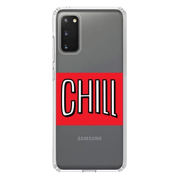 DistinctInk Clear Shockproof Hybrid Case for Galaxy S20 PLUS / 5G (6.7" Screen) - TPU Bumper, Acrylic Back, Tempered Glass Screen Protector - CHILL with red background
