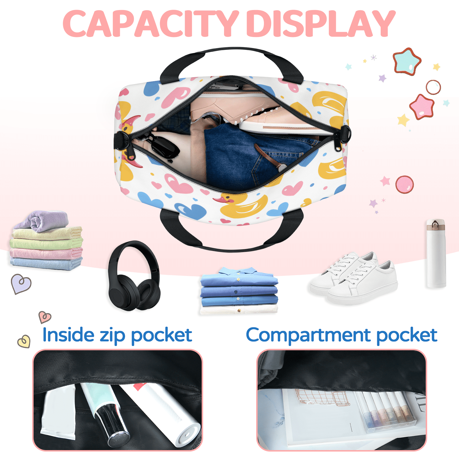 Herdesigns Rubber Duck Gym Bag for Women, Duffle Bag for Travel Sport, Cute Love Lightweight Waterproof Carry on Weekender Dance Yoga Workout Bags
