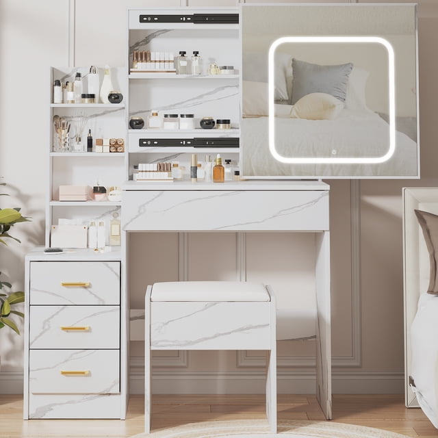 Gaderth Vanity Desk With Sliding LED Mirror And Power Outlet, Makeup Dressing Table With 4 Drawers, Storage Shelves And Stool, 3 Color Lighting Modes, Bedroom Vanity Set With USB Ports