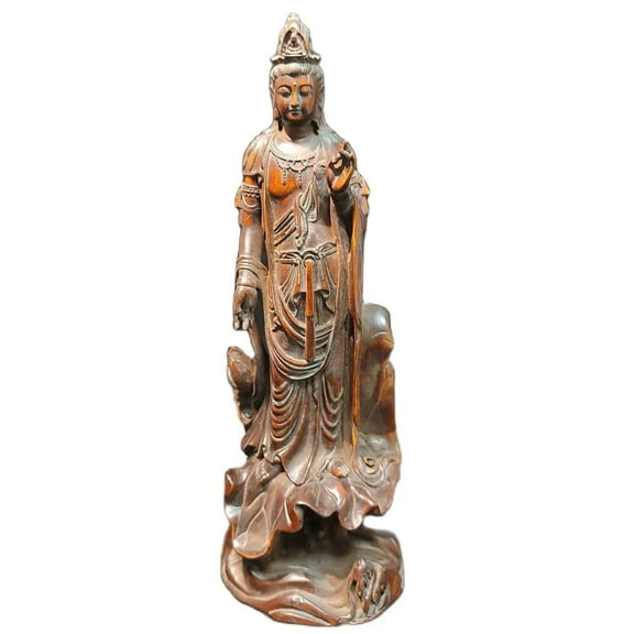 Chinese Carved Wood Buddha Statue Guanyin Wooden Guan Quan Kwan Yin Shiva Buddhist Supplies Decorative Figures Sculpture Goddess