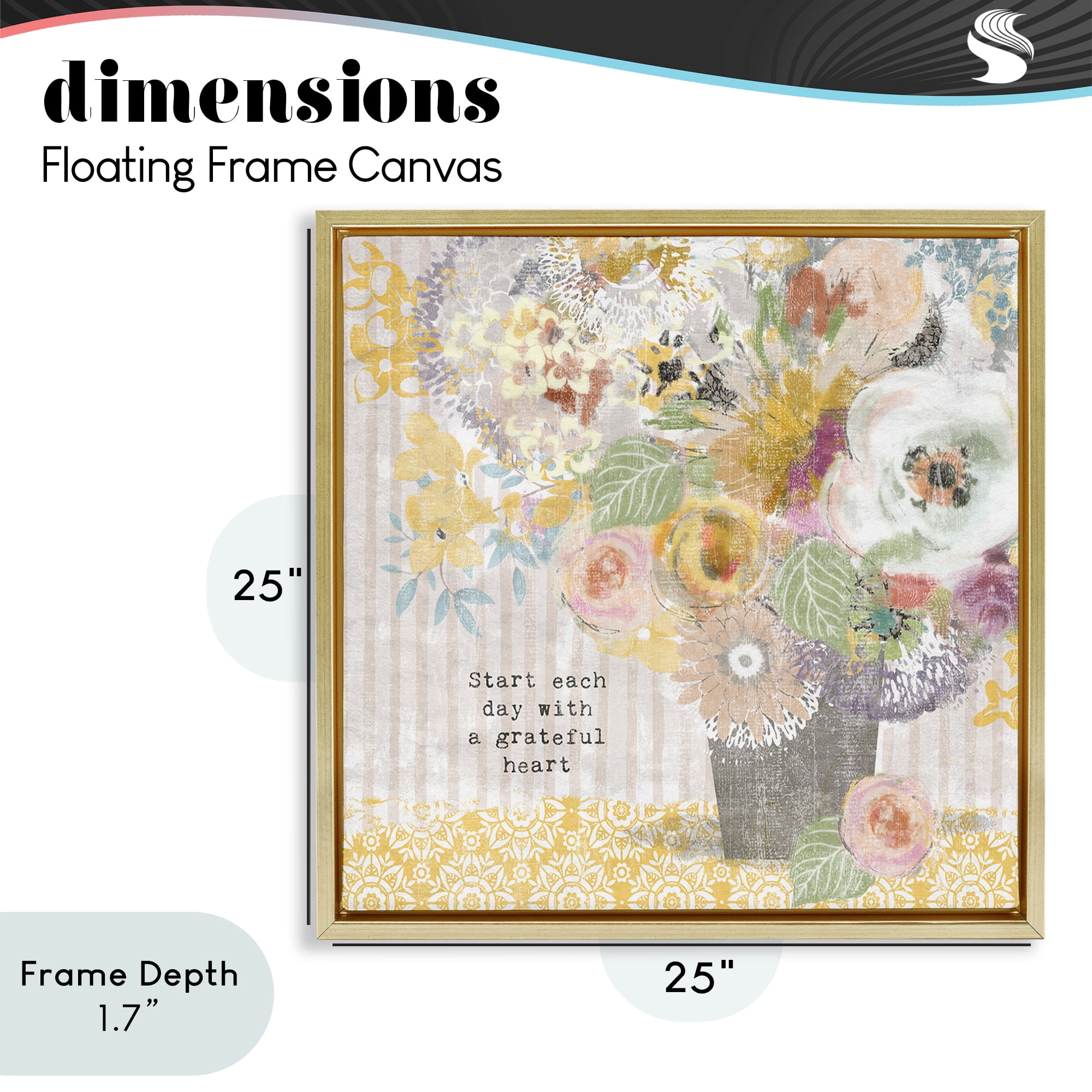Stupell Industries Floral Inspirations Grateful Heart Gold Framed Floater Canvas Wall Art, design by Suzanne Nicoll