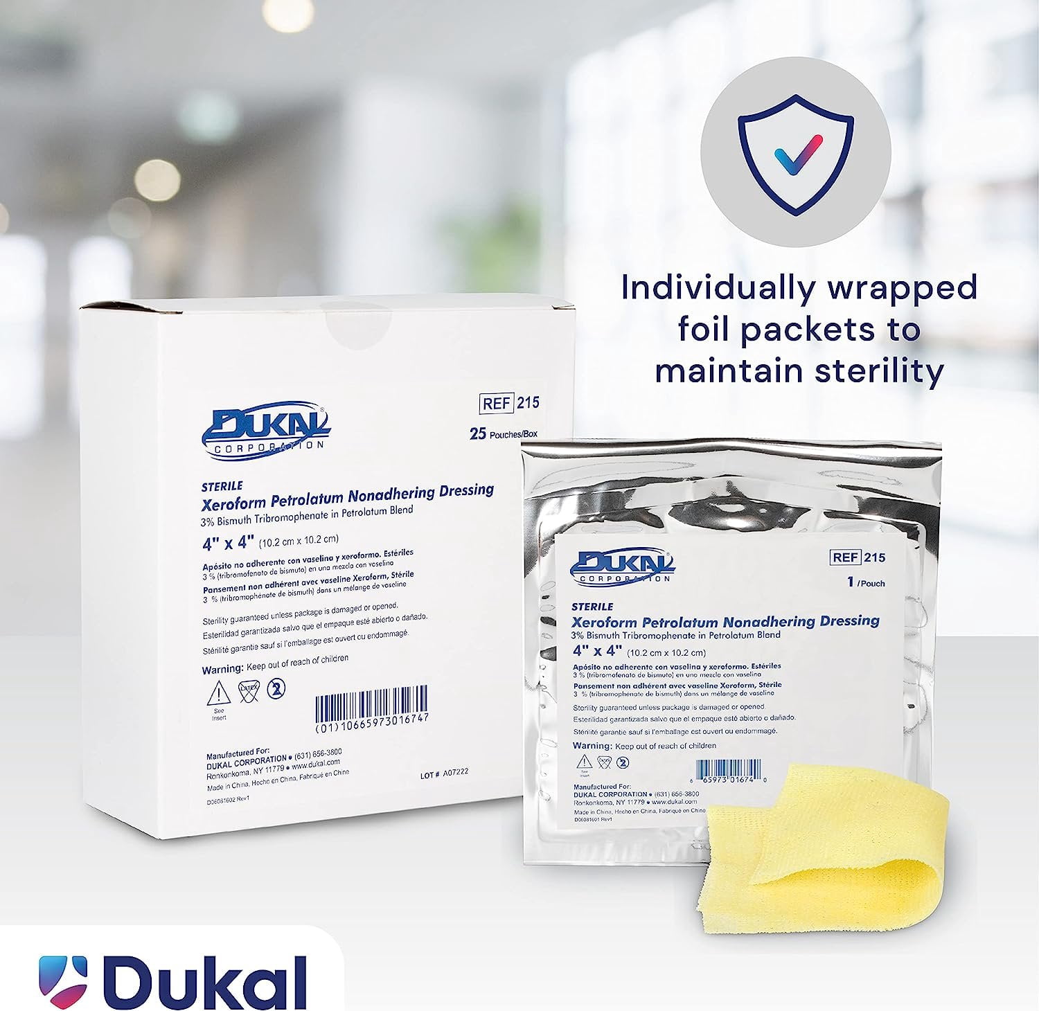 Dukal Xeroform Petrolatum Dressings, 4" x 4", Box of 25 | Non-Adherent & Soothing Wound Care