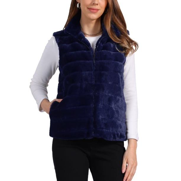 Chaleco de piel sintética elegante para mujer, chaqueta sin mangas con cremallera para uso casual, M azul oscuro