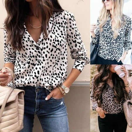 Women Summer V Neck Ladies Leopard Print Long Sleeve Loose T Shirt Tops Blouse Hot Sale