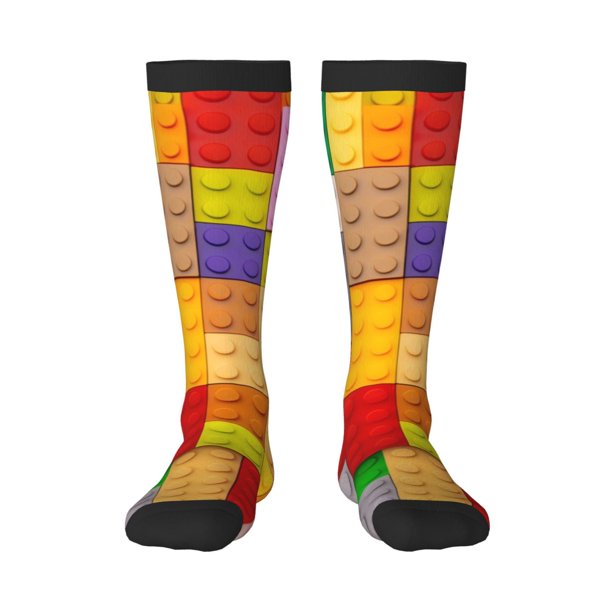 Fotbe Colorful Plastic Blocks Pattern Calcetas Divertidas Estampadas para Hombre y Mujer, Calcetas de Algodón hasta la Rodilla para Caminar, Correr, Enfermería y Embarazo
