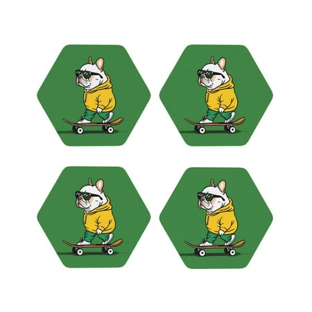 

Coasters Set of 4 - Cool Skateboarding Bulldog Drink Coasters for Tabletop Protection Leather Coasters for Living Room Decor and Housewarming Gift Hexagon