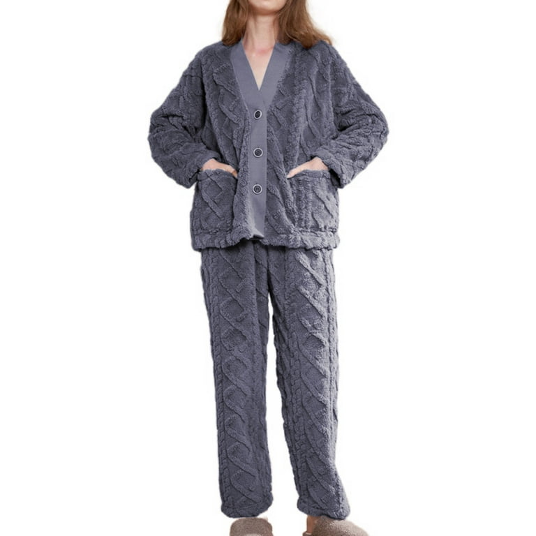 Homgro Women's Fuzzy Fleece Pajama Set 2 Piece Cozy Pjs Long Sleeve Shirt  Pants Soft Fall Spring V Neck Chunky Loungewear Soft Cable Knitted Button