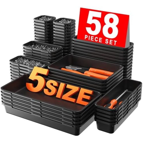 【𝟱𝟴𝗣𝗰𝘀】【5 Size】 Tool Box Organizer Tray Divider Set, 【Black】 Desk Drawer Organizer, Garage Organization and Storage Toolbox Accessories Rolling Tool Chest Cart Cabinet WorkBench Small Part