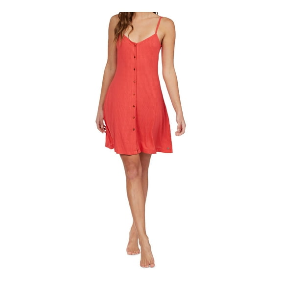 ROXY Women's Red Stretch Button Front Deep V Neck Ribbed Dream Swimsuit Cover Up M
