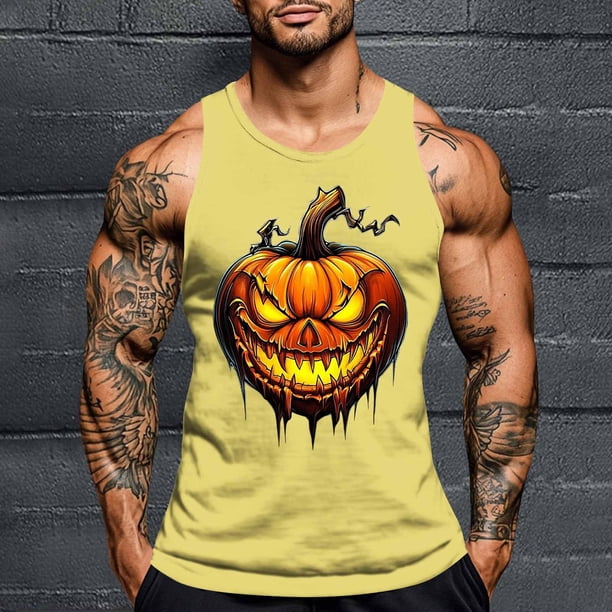 Camiseta sin mangas de cuello redondo para hombre, con estampado de Halloween, cuello redondo, estilo informal, deportiva, para hombre