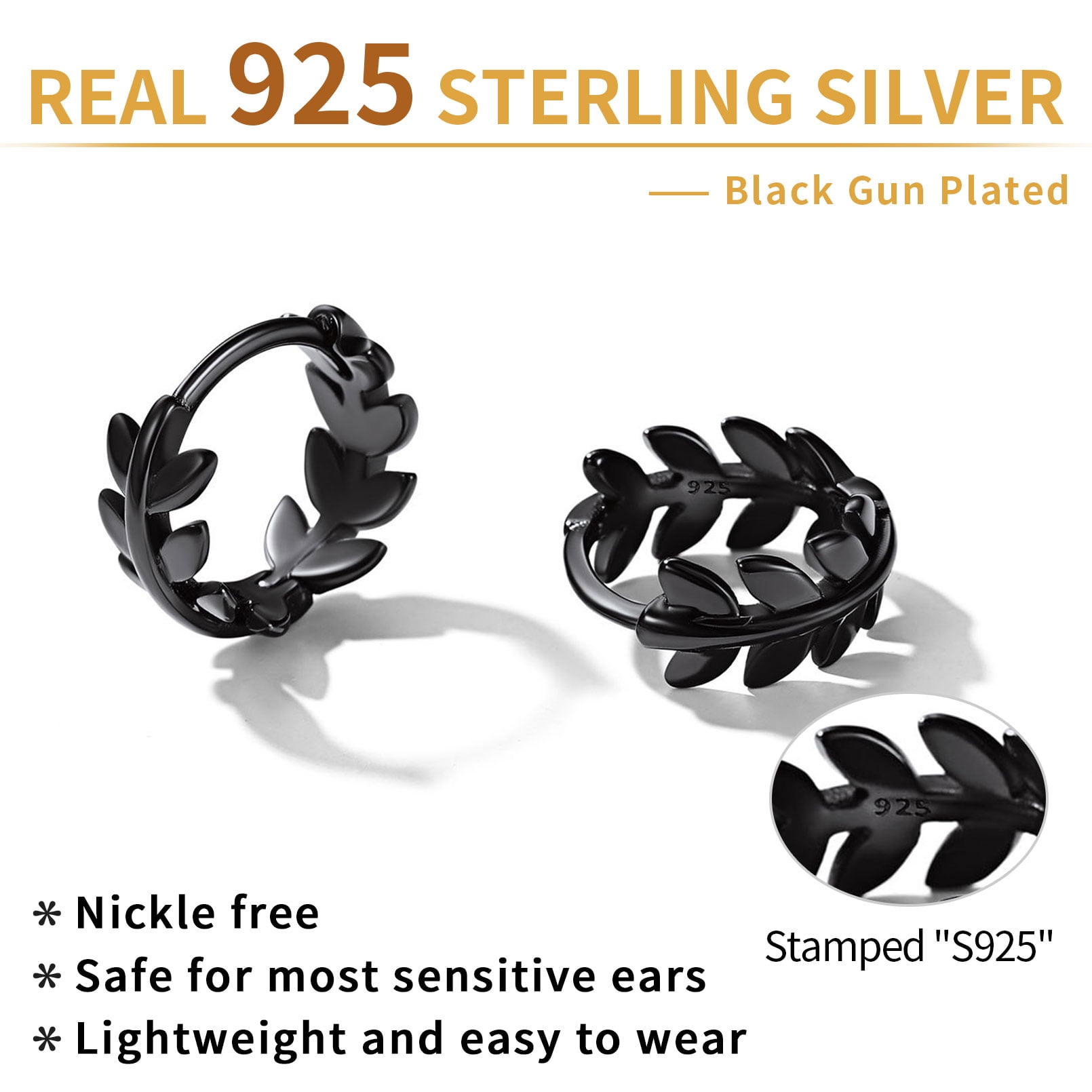 ChicSilver Women Black Hoop Earrings 925 Sterling Silver Small Leaf Round Huggie Earrings Charm Birthday Christmas Jewelry Gift