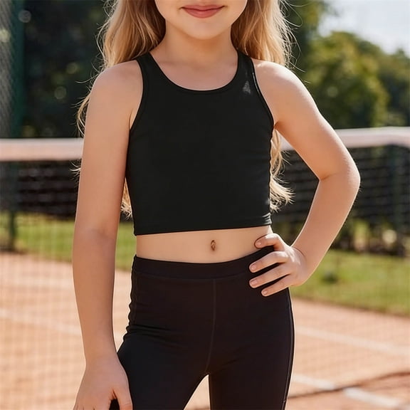 Xdegoge Children Girls Sleeveless Crop Tops Casual Basic Athletic Workout Tank Soft Breathable Gymnastics Dance Activewear Shirts Stretchy Summer Gym Clothes