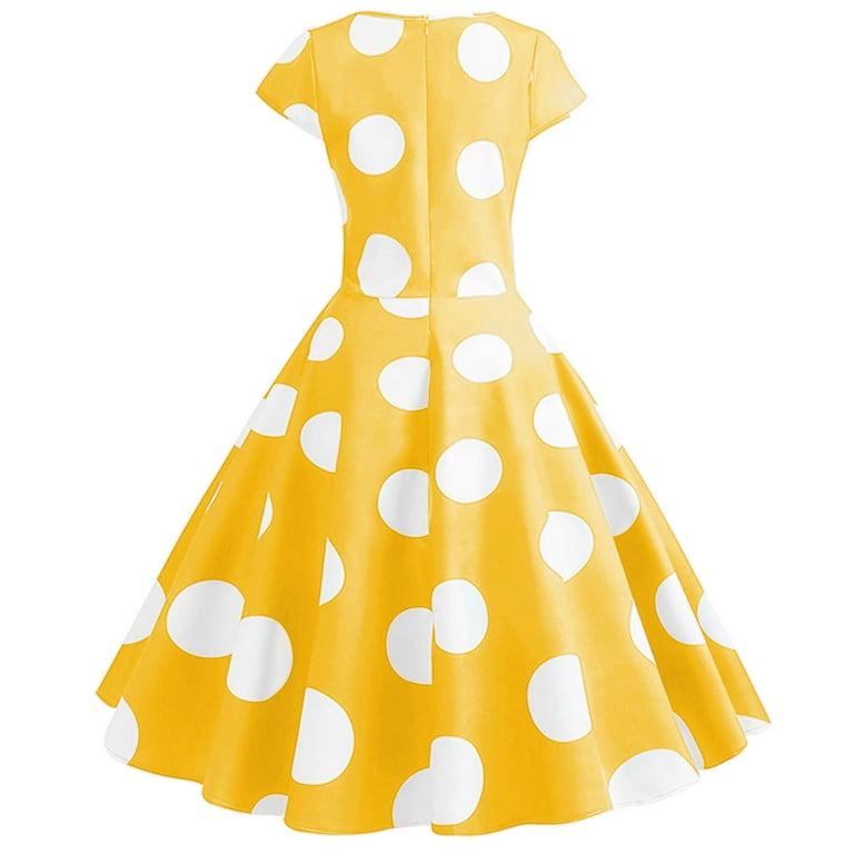 ALLLIST A Line Women Dress Vintage Crew Neck Skater Dress Polka Dot Yellow  Short Sleeve Party Ladies Dress - Walmart.com