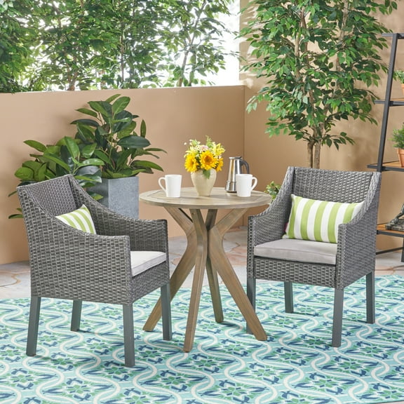 Farlie Outdoor Acacia Wood and Wicker 3 Piece Bistro Set, Gray and Light Gray