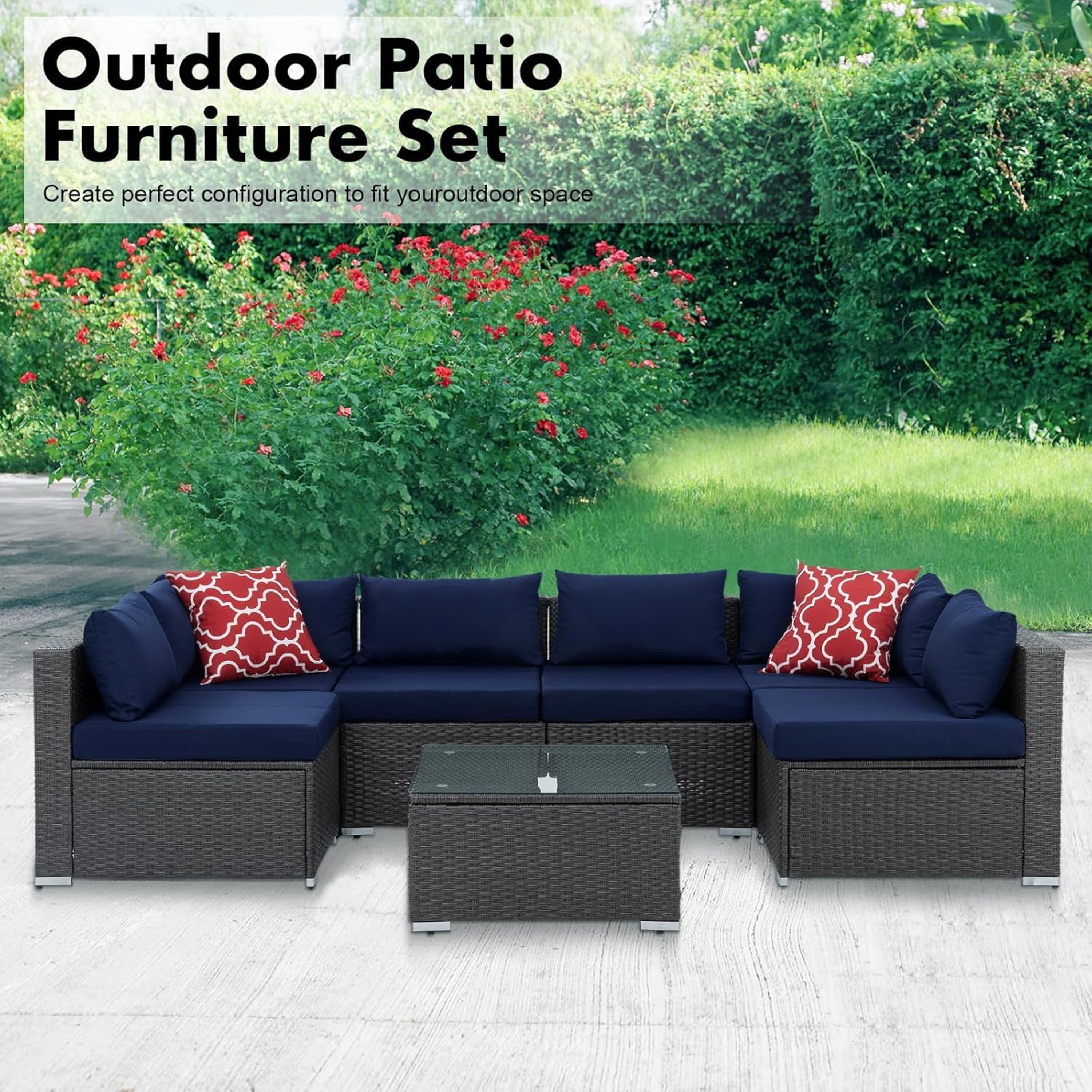 Furnibear 7 Pieces Outdoor Patio Sectional Sofa Couch, Black Wicker Patio Furniture Conversation Sets with Washable Cushions & Glass Coffee Table for Garden, Poolside, Backyard