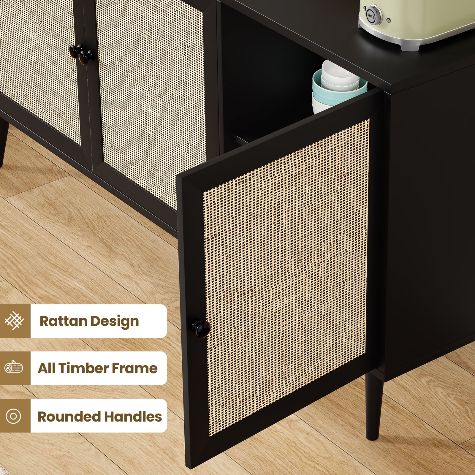 Aukfa Rattan Sideboard Buffet Cabinet,Accent Cabinet with Doors & Shelves for Kitchen, Living Room,Black