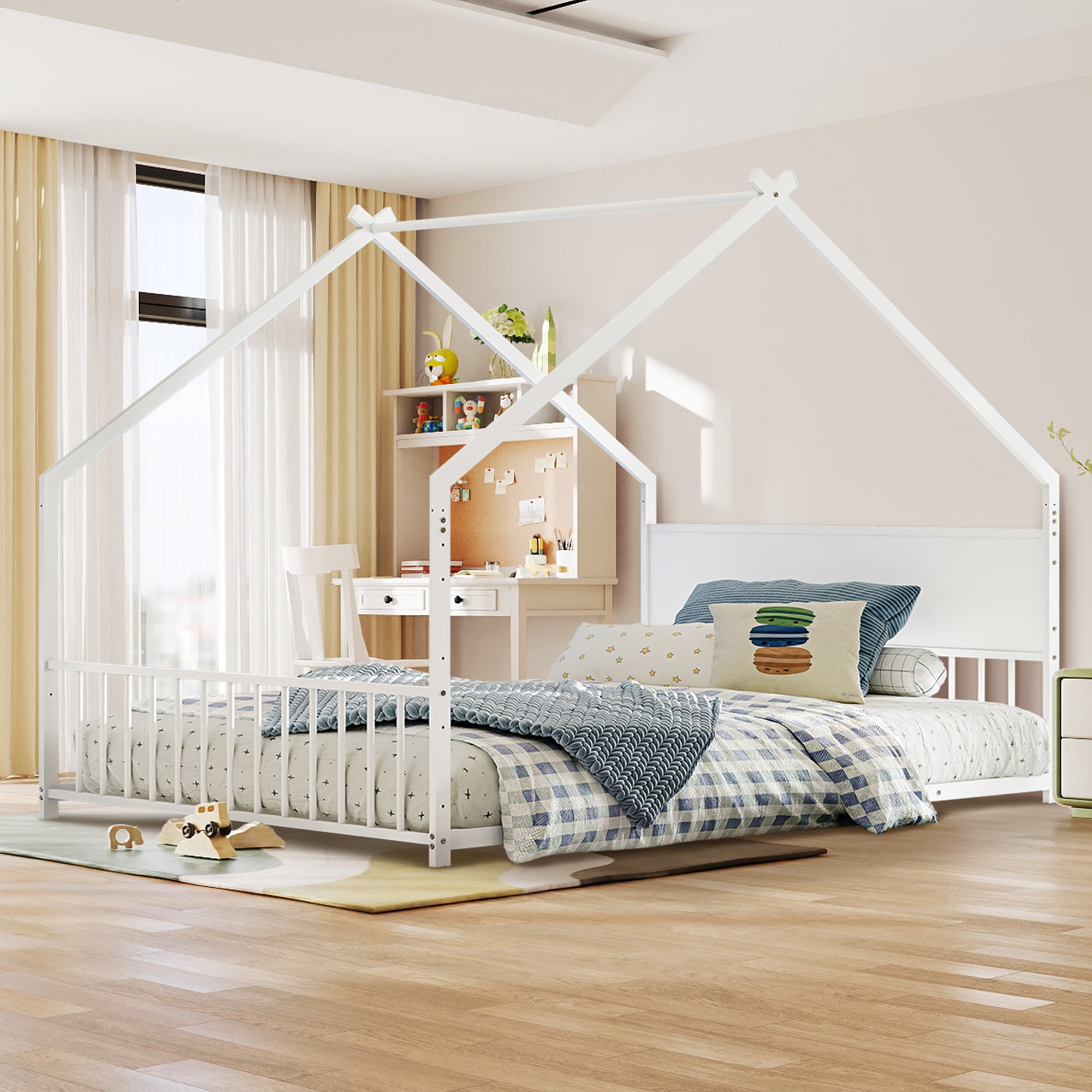 Aukfa Full Size Metal House Bed Frame with LED Lights, Montessori Floor Bed for Kids & Toddlers, Modern Kids Room Furniture, White
