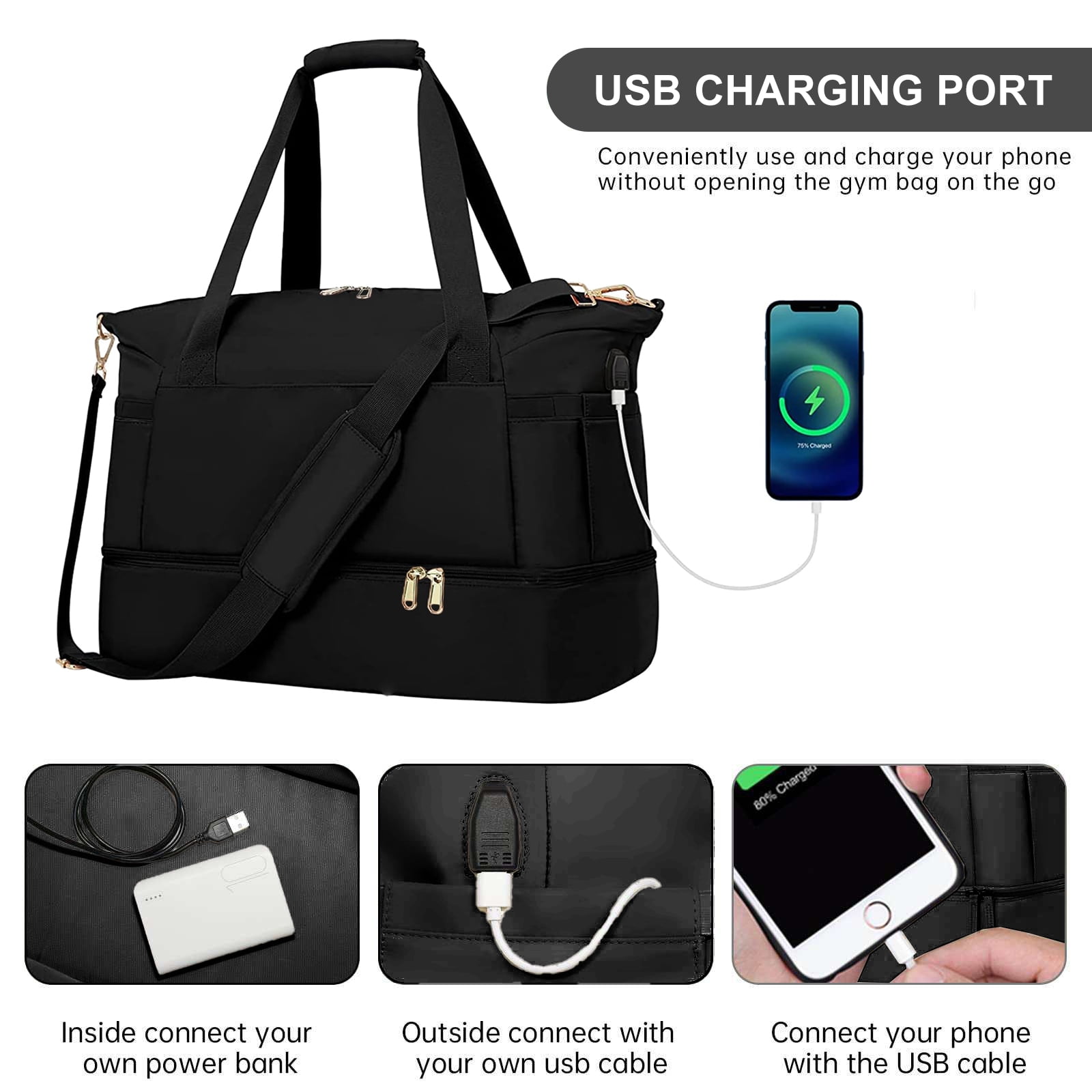 DAKIMOE Travel Duffel Bag for Women Gym Bag with USB Charging Port Large Weekender Overnight Bag Yoga Duffle Bags with Wet Pocket and Shoes Compartment, Black