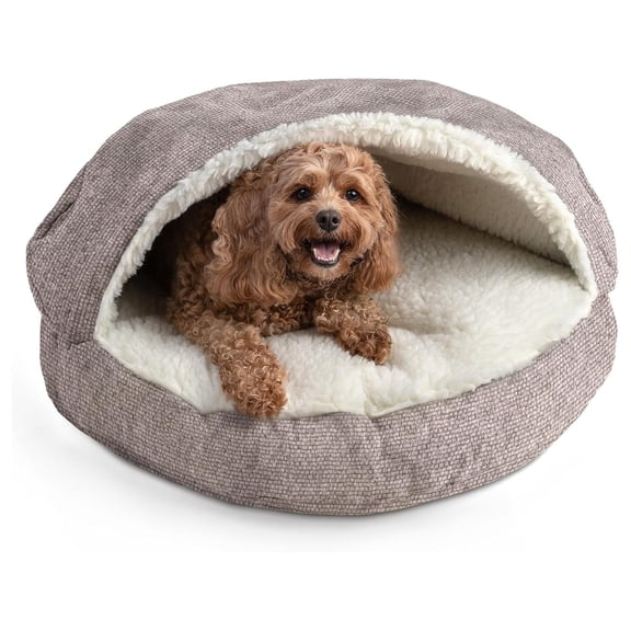 Cozy Cave Round Dog Bed Small Size 25 Inch Hooded Bed with Cedar Fill for Small Dogs, Pet Burrow Bed in Merlin Linen Microsuede Fabric, Removable Washable Cover, Enveloped Design