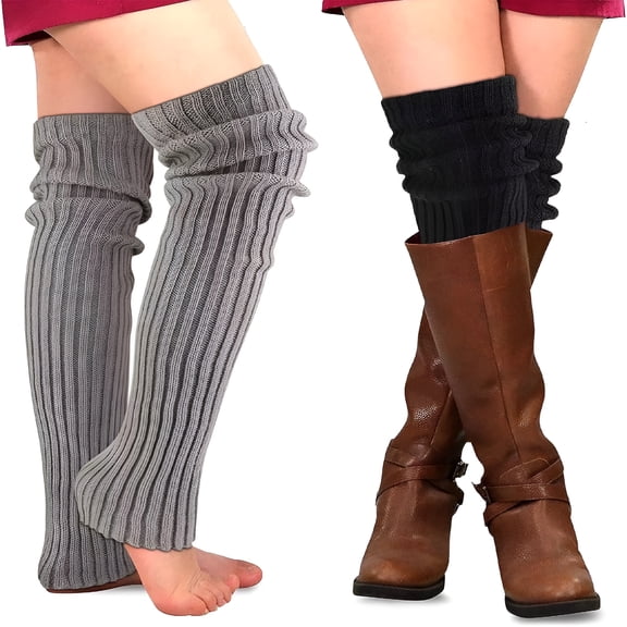 TELOLY 2 Pairs Winter Leg Warmers Thigh High Socks Over Knee Footless Socks Crochet Knitted Long Boot Cuffs Topper Socks for Women