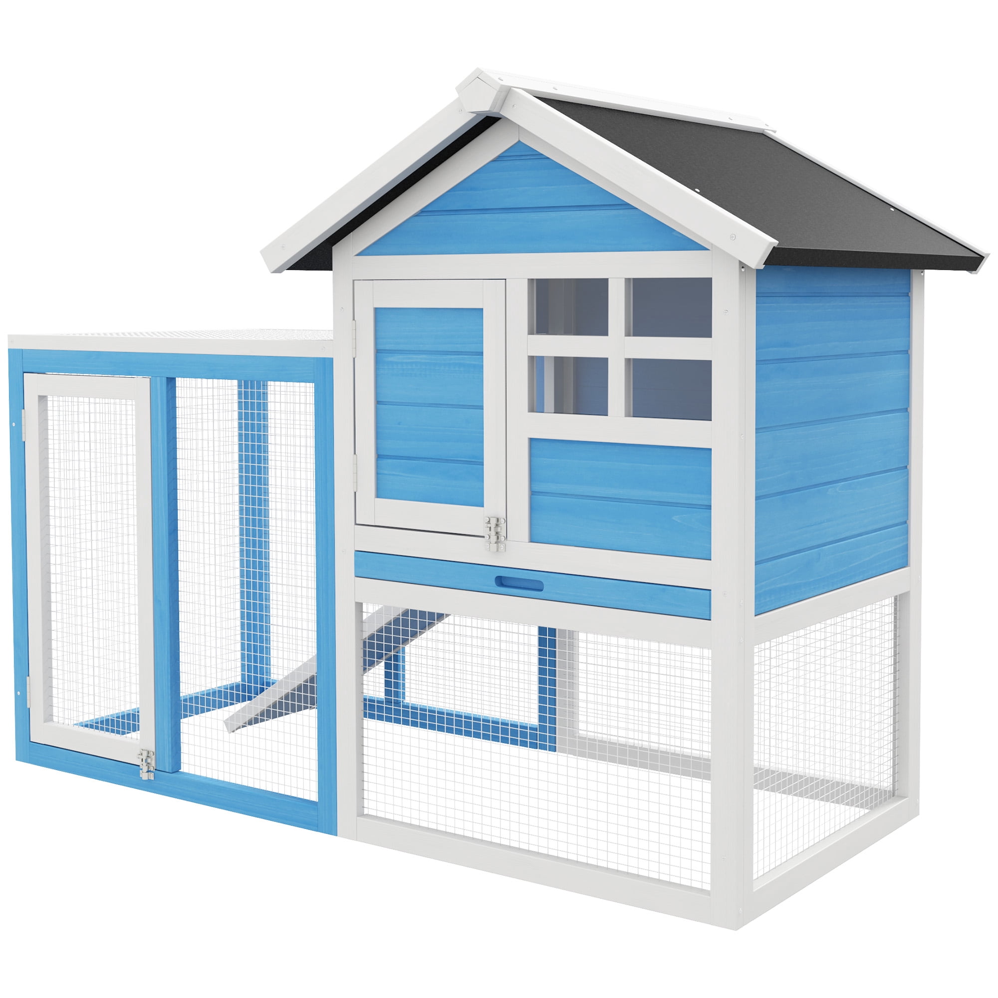 48" Wooden Rabbit Hutch Bunny Cage with Waterproof Asphalt Roof, Fun Outdoor Run, Removable Tray and Ramp, Light Blue