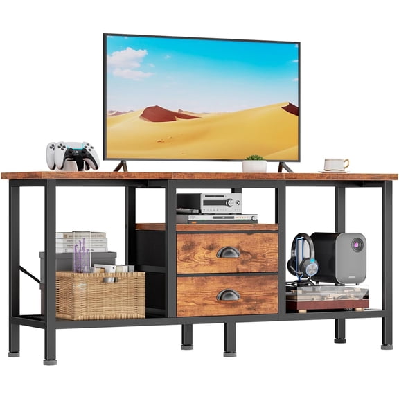 TV Stand with 2 Fabric Drawers, 43 Inch Entertainment Center with Open Storage Shelves, Media Console Table for Bedroom, Living Room, Rustic Brown