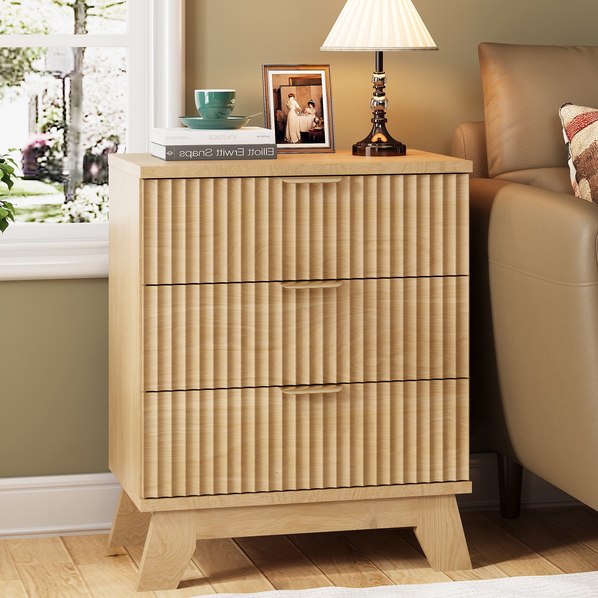 FANRAL 3 Large Drawer Nightstand,30" Tall Night Stand,24" Wide Side Table,Wood Fluted Bedside Table Modern End Table Small Dresser for Bedroom,Natural Oak Nightstand
