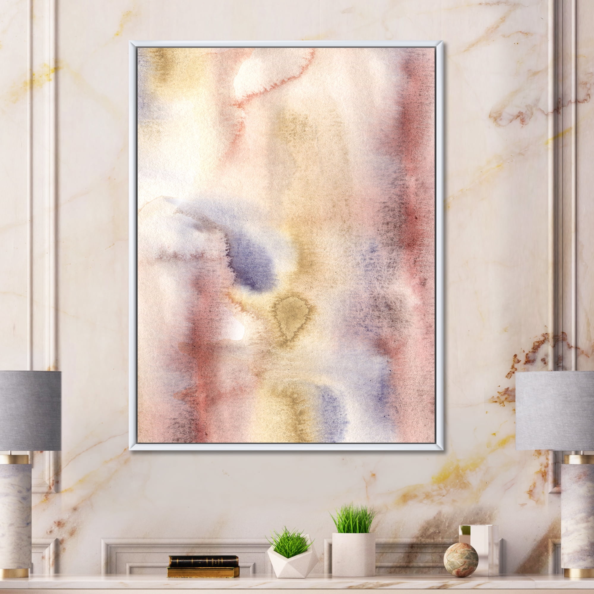 Designart 'Pastel Abstract With Pink Dark Blue and Yellow Spots' Modern Framed Canvas Wall Art Print