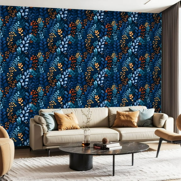 Peel and Stick Wallpaper Contact Paper Navy Blue Orange Floral Vintage Aesthetic Branches Leaf Botanical Twig Self Adhesive and Removable 24in x 118in