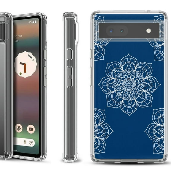Shockproof Bumper Phone Case for Google Pixel 6a, by OneToughShield ® - Mandala / Blue