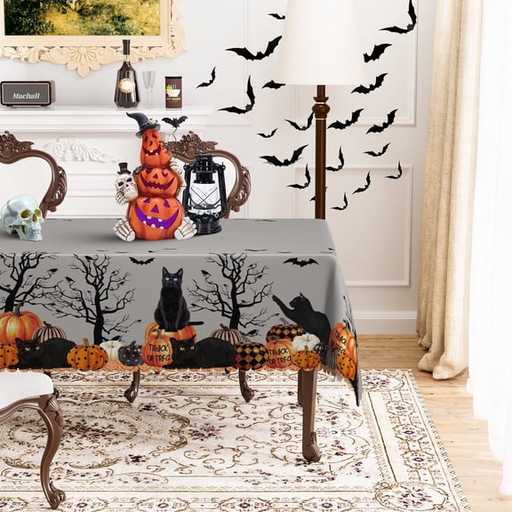 MIZHONA Halloween Bat Tablecloth,Black Cat Pumpkins Table Cloth for Kitchen Dinner Decor,60"x84"