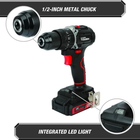 HYPER TOUGH 20V BRUSHLESS 1/2-INCH 2-SPEED CORDLESS HAMMER DRILL BATTERY & CHARGER