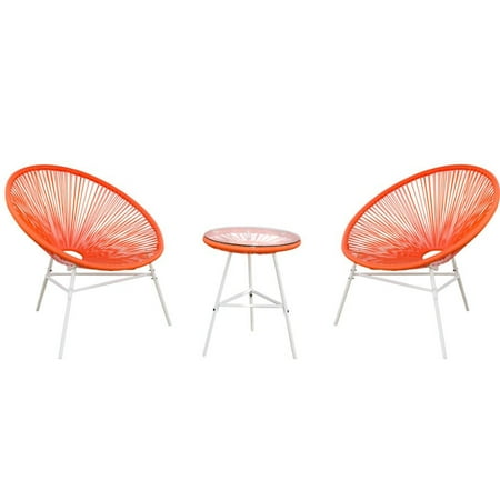 Acopulco Chair PatioPost 3 Piece Outdoor Acapulco Sun Weave Lounge Patio Chair with Top Glass Table, Orange Red ()