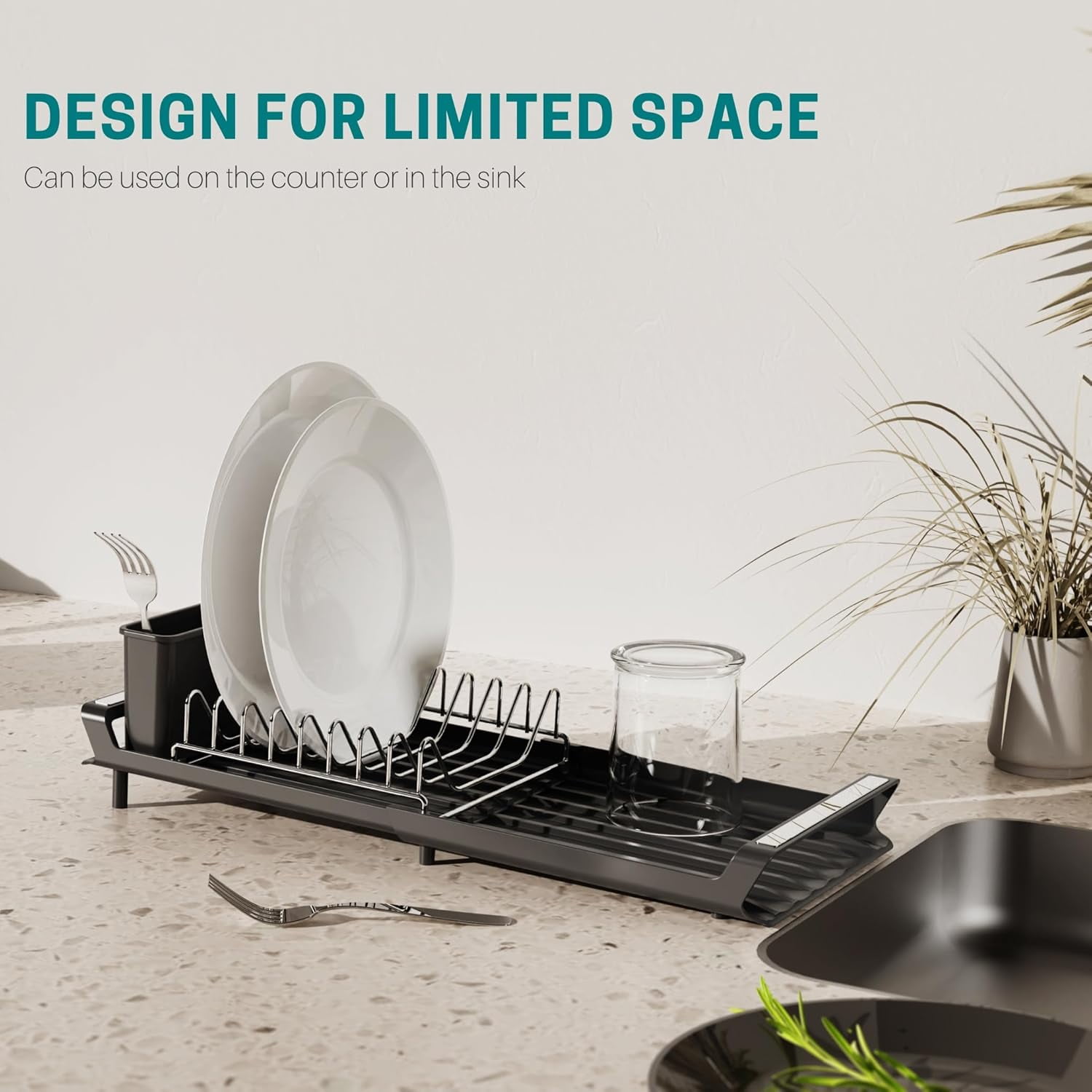 Extendable Dish Drying Rack, Small Dish Rack, Compact Dish Drainer, Dish Racks for Kitchen Counter, Stainless Steel Dish Drying Rack with Removable Cutlery Holder, Grey