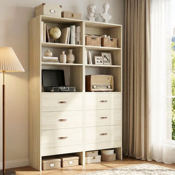 Homieasy 96" Closet System 2-Pack with 6 Hanging Rods & 6 Wooden Drawers - Adjustable Width (5-8FT Each), Wall-Mounted Wardrobe Storage,White Oak