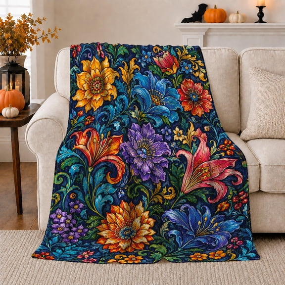 Vibrant Floral Bat Motif, Festive autumn celebration Scene, Warm Flannel Blanket for Living Room and Family Room with Detailed Artwork, Art Lovers autumn celebration Gift, Festive Home Decor