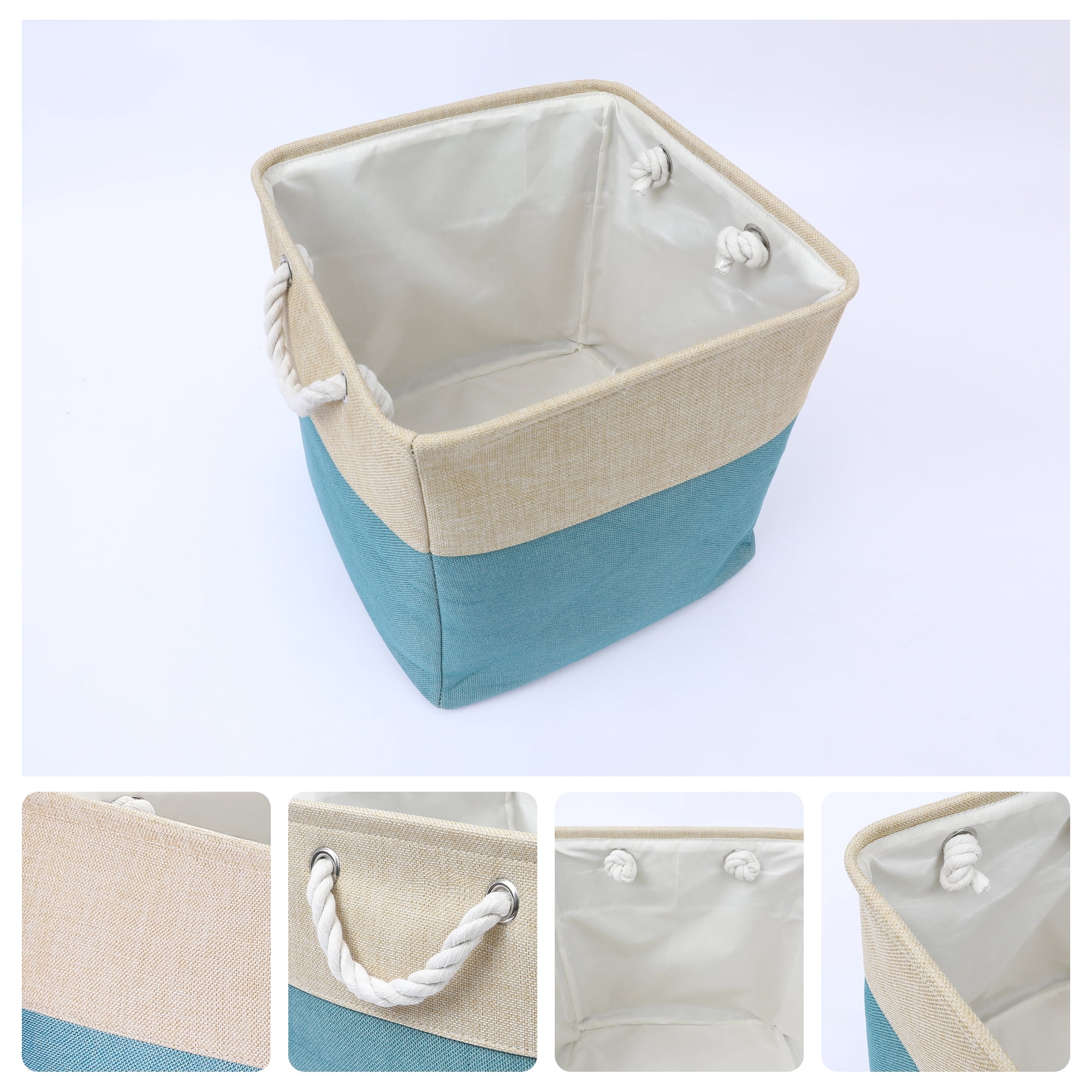 Unique Bargains Square Fabric Storage Basket Bin Beige/Blue 13inch