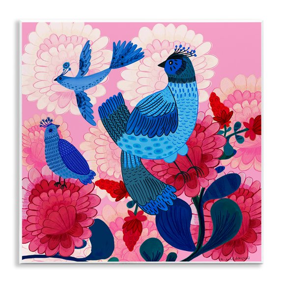 Stupell Industries Folk Birds on Dahlias Animals Painting Unframed Art Print Wall Art, 12 x 12